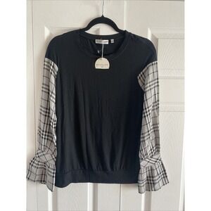 Patrizia Luca Plaid Mixed Media Top Womens Size S Black White Ruffle Bell Sleeve